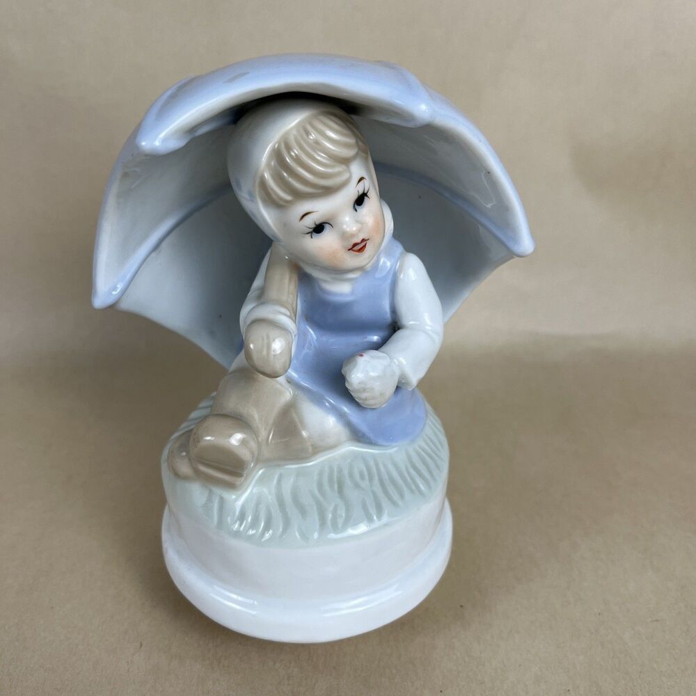 Vintage Little Girl with Umbrella Figurine Rotating Musical Box‎ Works EUC